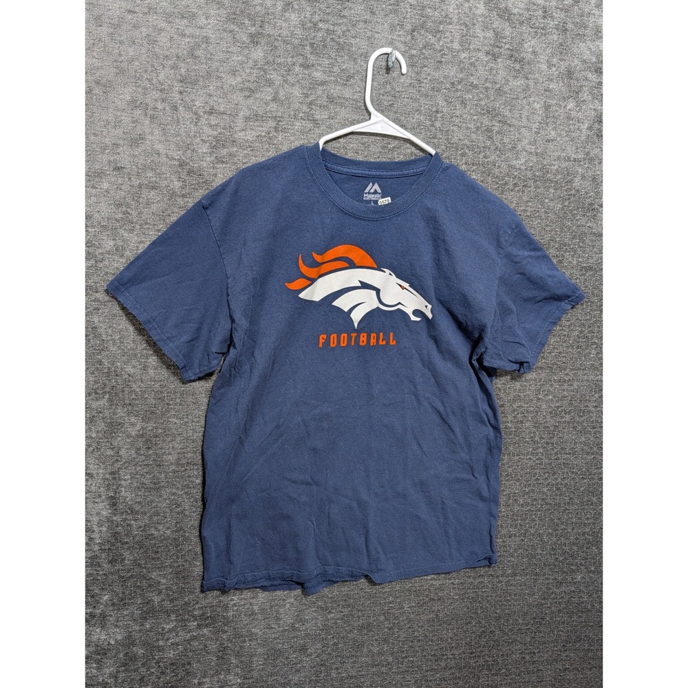 Majestic Denver Broncos T Shirt Mens Large Blue Football Graphic Tee NFL Cotton